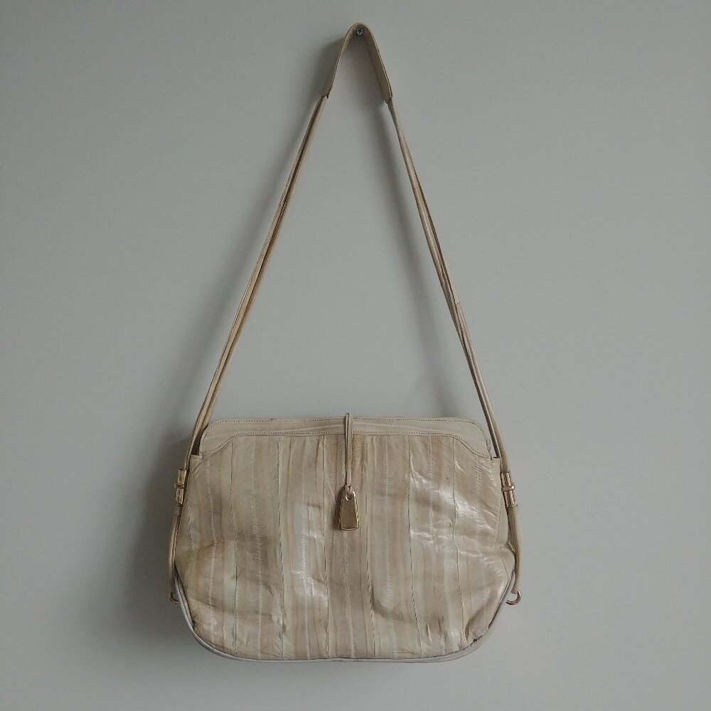 Vintage genuine eel skin cream ivory gold shoulder bag purse